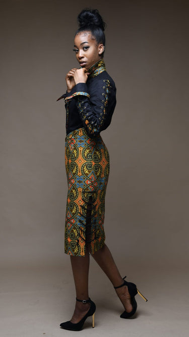 CELESTIAL Haniah Black Peekaboo Shirt with Ankara Inset & Eyelet Lacing